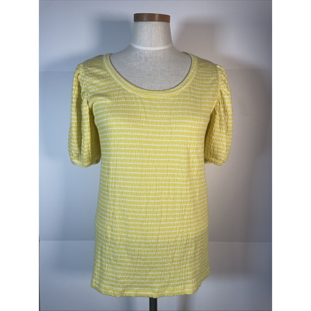 NWT LOFT Ann Taylor Yellow Striped Crinkle Puff Sleeve Top Large New
